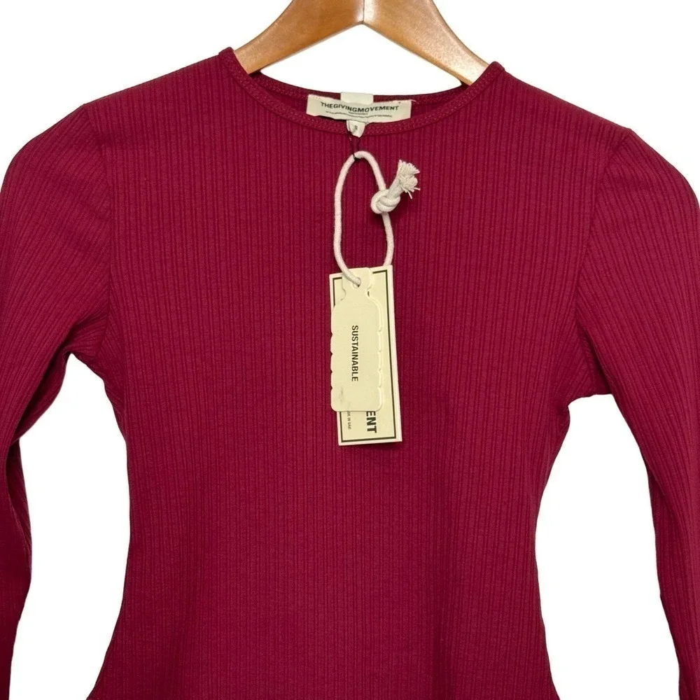 The Giving‎ Movement Bodysuit Ribbed Long Sleeve Maroon Burgundy Size S
